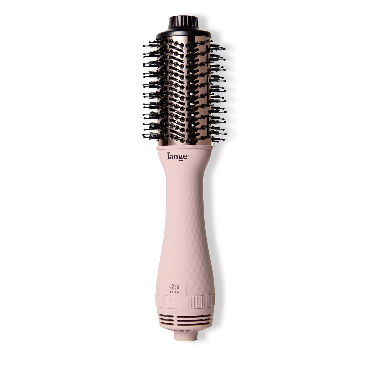 LĄŻange Le Volume in blush positioned at a horizontal angle, showcasing patent-pending barrel for added volume.