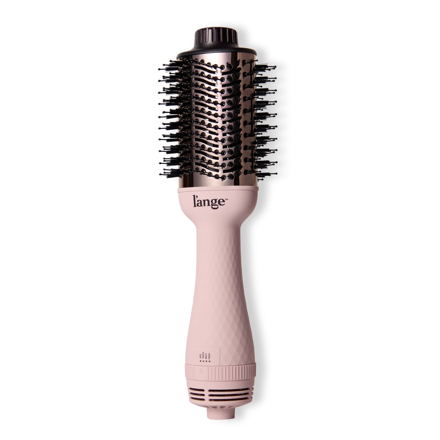 LĄŻange Le Volume in blush positioned at a horizontal angle, showcasing patent-pending barrel for added volume.