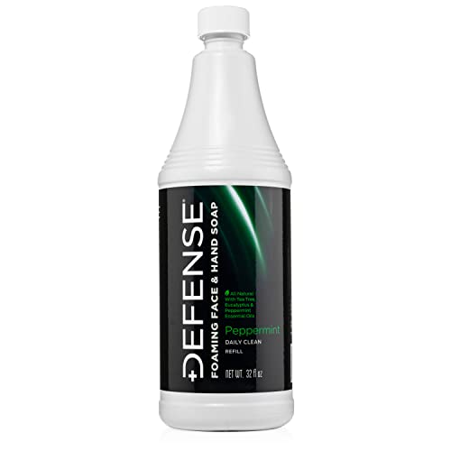 Defense Liquid Foaming Face & Hand Soap Peppermint 32 Fl Oz Refill with Tea Tree, Eucaluptus, Jojoba, Aloe Vera, Olive & Coconut Oils…