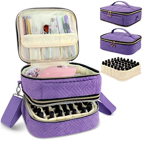 Yokilly Nail Polish Organizer Case, Detachable Double Layer Holds Up to 42 Bottles, Portable Travel Bag with Stain-Proof Transparent Window and Magic Tape, Purple