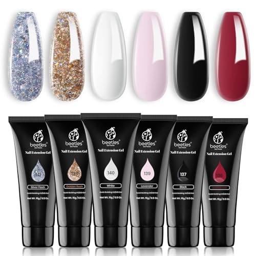 Beetles Poly Extension Gel Nail Kit, 6 Colors Classic White Pink Black Red Nail Builder Nail Gel Silver Yellow Glitter Poly Nail Enhancement French Manicure Kit Trial Nail Art Design Easy DIY