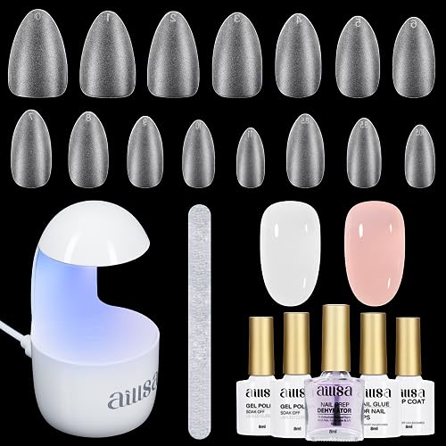 AILLSA Almond Nail Kit with U V Lamp 240pcs Short Gel Nail Tips and Glue Gel Kit with 2 in 1 Nail Glue Base Top Coat and Nail Dehyrator for Beginners DIY Home Salon