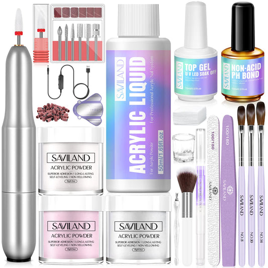Saviland Acrylic Nail Kit with Nail Drill: Professional 0.5Oz Clear/White/Pink Acrylic Powder and Liquid Set with Nail Drill Acrylic Nail Brush, Nails Kit Acrylic Set for Beginners DIY & Nail Salon