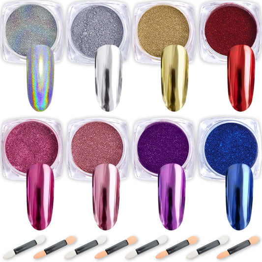 Nail Powder Wenida 8 Colors 1g/Jar Holographic Chrome Mirror Laser Synthetic Resin Pigment Manicure Art Decoration With 8pcs Eyeshadow Sticks