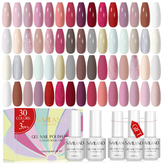 SAVILAND Gel Nail Polish Set: 33pcs Red White Pink Glitter Soak-off Gel Nail Polish with Base & Glossy Matte Top Gel Dark Red Nail Polish Manicure Gifts