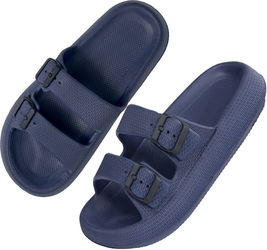 Women pillow Slippers Slides Double Buckle EVA Flat Sandal Shower Shoes Bathroom Soft Thick Sole Gym House SPA Slippers Blue Men Size 3.5 4.5 Women Size 5.5 6.5