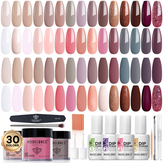 Modelones 42 Pcs Dip Powder Nail Kit Starter, 30 Colors Skin Tones Pink Brown Nude Neutral Dipping with Base Top Coat Activator Brush Saver Liquid Set, Essential Dip System Kit DIY Manicure Salon