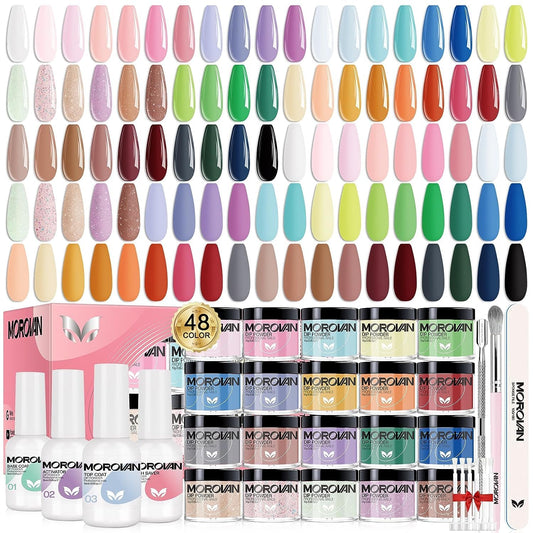 Morovan Dip Powder Nail Kit Starter - 48 Colors Nail Dip Powder Kit with Pure & Glitter Dipping Powder Dry Faster Dip Nails Powder Starter Kit for Nail Art Manicure Dip Nail Kit