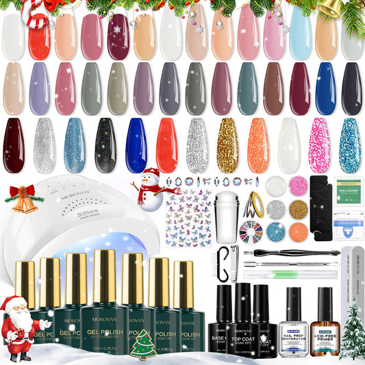 Morovan Gel Nail Polish Kit: 28 Colors Gel Nail Polish Set with U V/LED Light Morandi palette Pink Gray Gel Polish Nail Art Decorations Manicure Tools DIY Salon Home Gifts