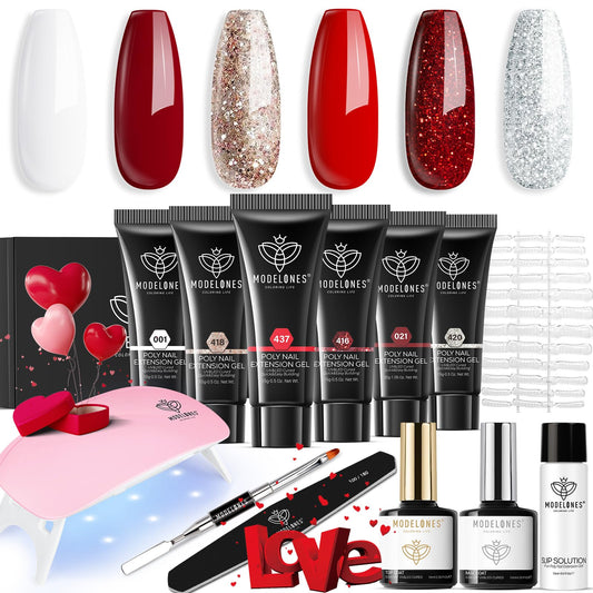 modelones Poly Nail Gel Kit with Nail Lamp 6 Colors Valentines Day Glitter Red Sliver White Nail Extension Gel Nail Thickening Solution Winter Decoration Nail Art Gift