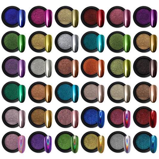 Artdone 36 Jars Chrome Nail Powder Nail Art Glitter Decoration Metallic Mirror Effect Holographic Aurora Chameleon Pigment Powder 1g/Jar Pearl for Resin Craft & Nail Art…