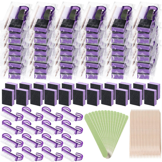 Leriton 100 Sets Professional Disposable Manicure Kit Basics 4 Piece Nail Kit Wood Nail File 100/180 Grit, Mini Buffer 80/100 Grit, Wood Stick and Handle Grip Nail Brush Valentine's Gifts for Women