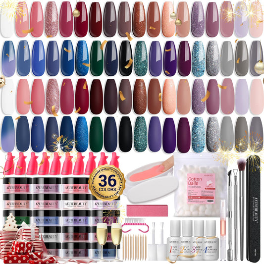 170Pcs Dip Nails Powder Starter Kit, AZUREBEAUTY 36 Colors Brown Purple Christmas Dip Powder Nail Kit Starter with Essential Liquid and Removal Accessories Set for French Nail Manicure Salon DIY Home