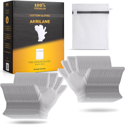 20 Pairs 1 Size 100% Premium Cotton Gloves for Dry Hands | Moisturizing Overnight Gloves for Eczema, Psoriasis & Skin Spa Treatment for Women & Men | Washable & Reusable with Free Laundry Bag