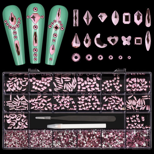 Noverlife 3830PCS Nail Art Pink Rhinestones, Multi Shapes Rhinestones Nail Rhinestones Set, 3D Nail Art Gemstones Kit Flatback Round Beads Rhinestone Crystals for Nail DIY Crafts Clothes Shoes Jewelry