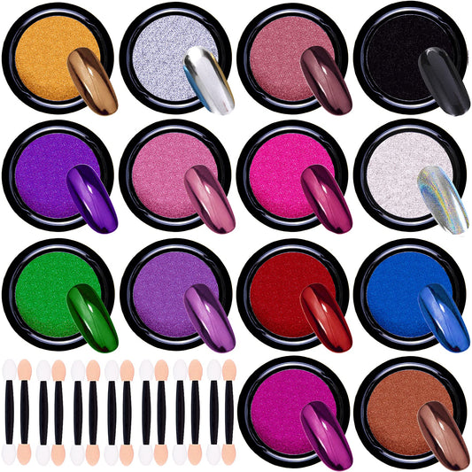 Duufin 28 Colors Chrome Nail Powder Metallic Chrome Powder for Mirror Effect Nails Art Decoration with 28 Pcs Eyeshadow Sticks, 1g/Jar