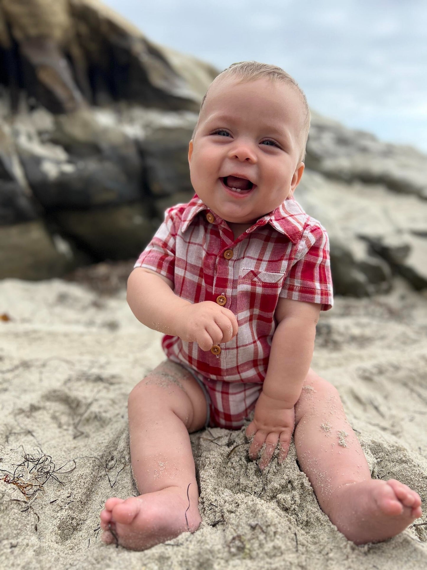 Me & Henry Helford Red/Cream Plaid Woven Onesie