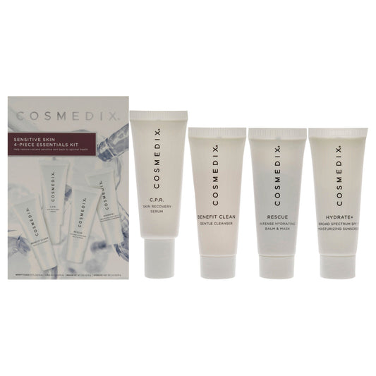 Sensitive Skin Essentials Kit by CosMedix for Unisex - 4 Pc Kit 0.5oz Benefit Clean, 0.5oz C.P.R., 0.5oz Rescue, 0.5oz Hydrate Plus