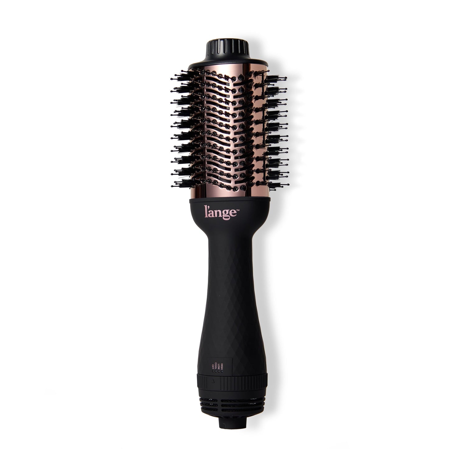 LĄŻange Le Volume in black positioned at a horizontal angle, showcasing patent-pending barrel for added volume.
