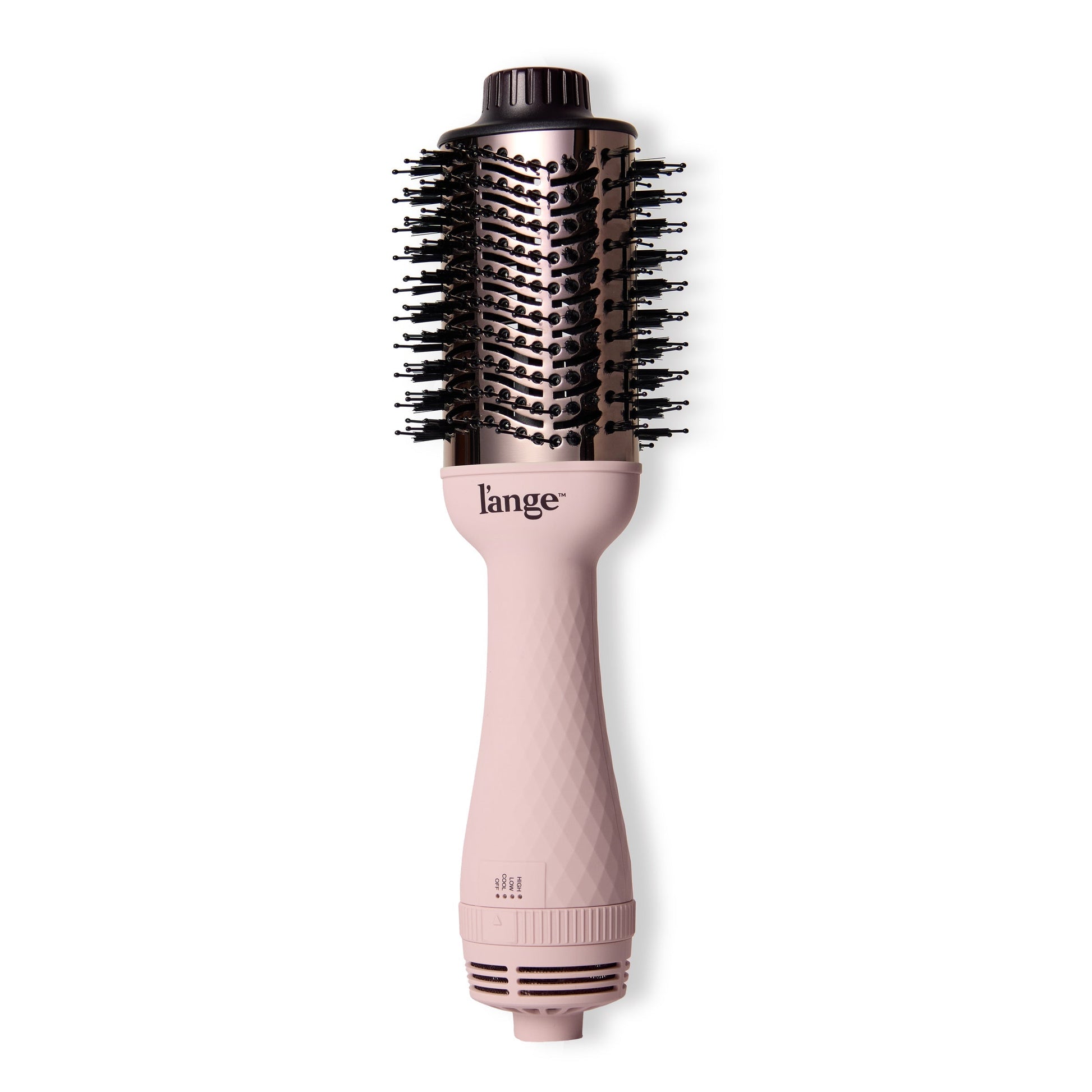 LĄŻange Le Volume in blush positioned at a horizontal angle, showcasing patent-pending barrel for added volume.